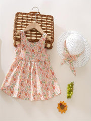 2pcs Baby Girls Floral Sleeveless Dress & Hat Set