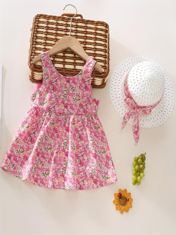 2pcs Baby Girls Floral Sleeveless Dress & Hat Set