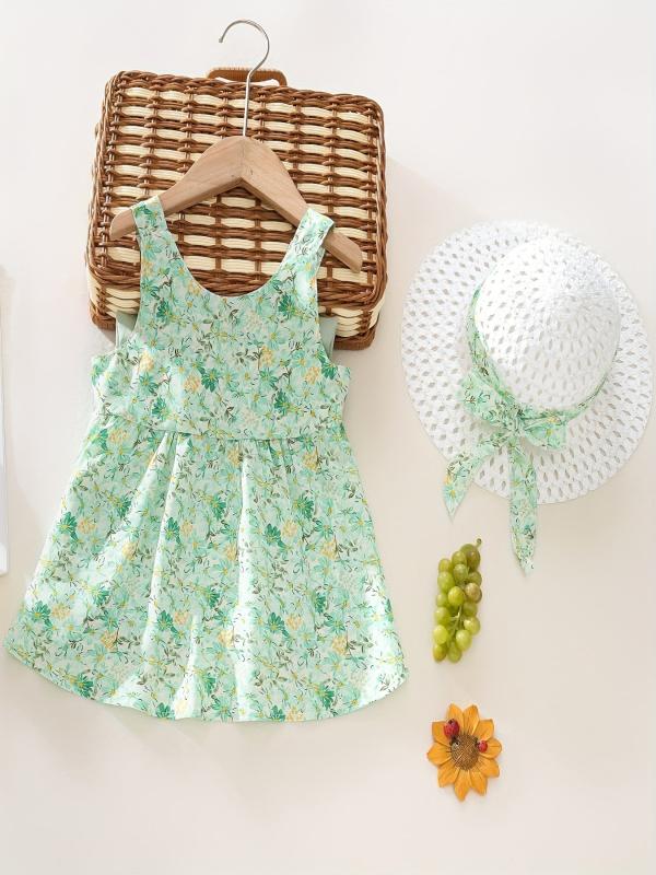 2pcs Baby Girls Floral Sleeveless Dress & Hat Set