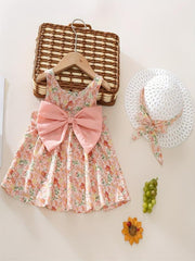 2pcs Baby Girls Floral Sleeveless Dress & Hat Set