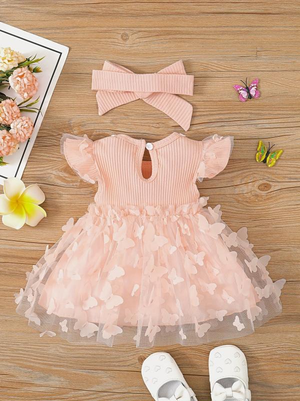 2pcs Baby Girls Butterfly Princess Dress & Headband Set