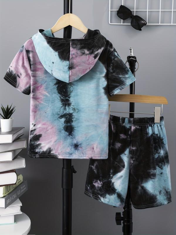 Boys Funny Face Tie Dye Hooded T-shirt & Shorts Set