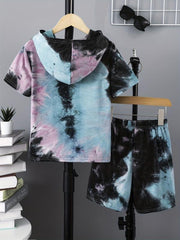 Boys Funny Face Tie Dye Hooded T-shirt & Shorts Set