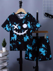 Boys Funny Face Tie Dye Hooded T-shirt & Shorts Set