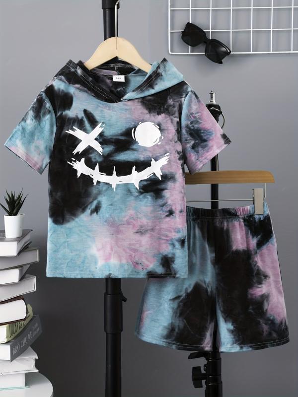 Boys Funny Face Tie Dye Hooded T-shirt & Shorts Set