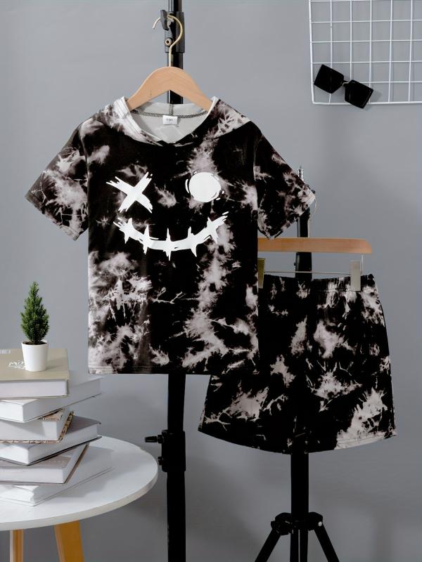 Boys Funny Face Tie Dye Hooded T-shirt & Shorts Set