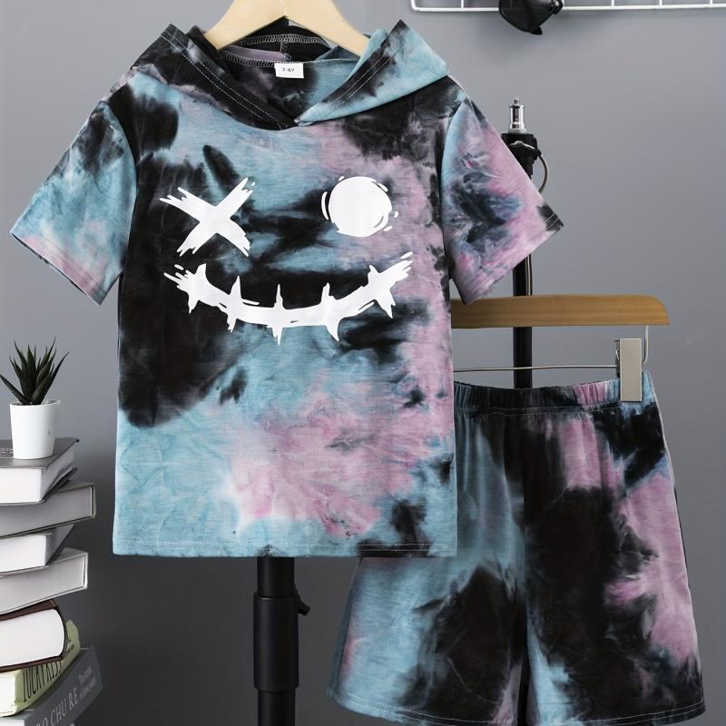 Boys Funny Face Tie Dye Hooded T-shirt & Shorts Set