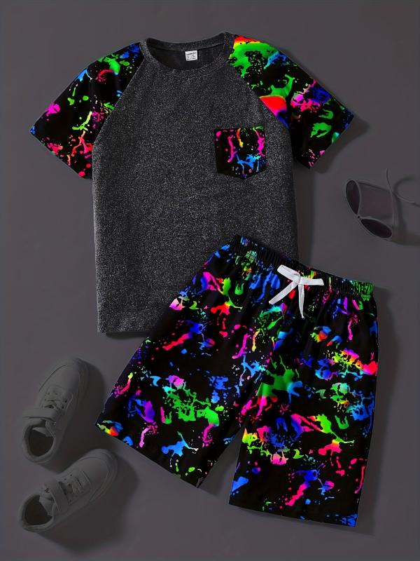 Boys Tie Dye Casual Outfit Set T-shirt & Shorts Kids Summer Clothes
