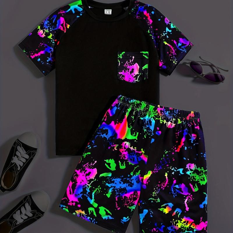Boys Tie Dye Casual Outfit Set T-shirt & Shorts Kids Summer Clothes