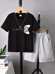 Boys Street Style Game Console Graphic T-shirt & Shorts Set