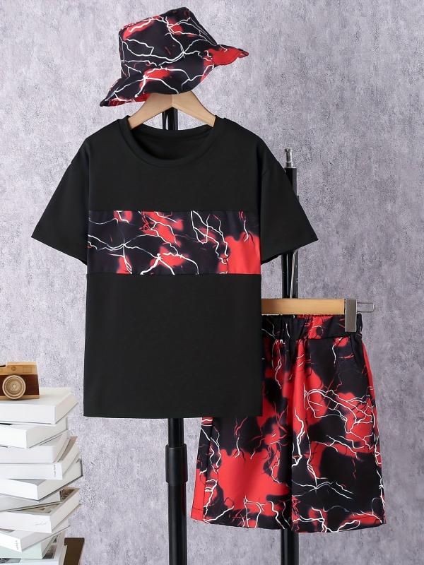 Boys Marble Graphic T Shirt Top & Shorts Set with Bucket Hat