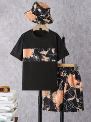 Boys Marble Graphic T Shirt Top & Shorts Set with Bucket Hat