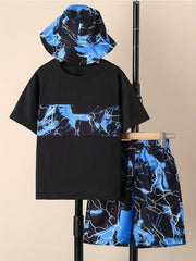 Boys Marble Graphic T Shirt Top & Shorts Set with Bucket Hat
