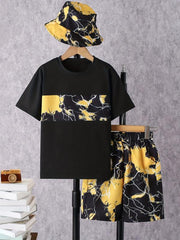 Boys Marble Graphic T Shirt Top & Shorts Set with Bucket Hat