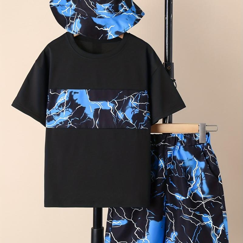 Boys Marble Graphic T Shirt Top & Shorts Set with Bucket Hat