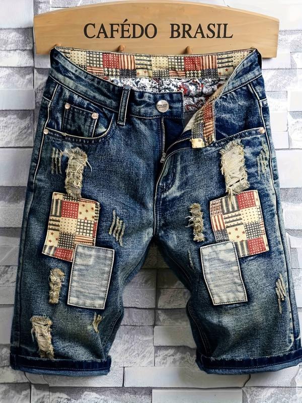 Men's Ripped Denim Shorts Colorblock Jeans