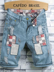Men's Ripped Denim Shorts Colorblock Jeans