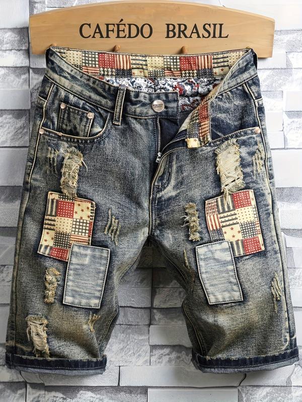Men's Ripped Denim Shorts Colorblock Jeans