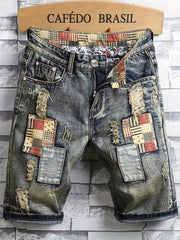 Men's Ripped Denim Shorts Colorblock Jeans