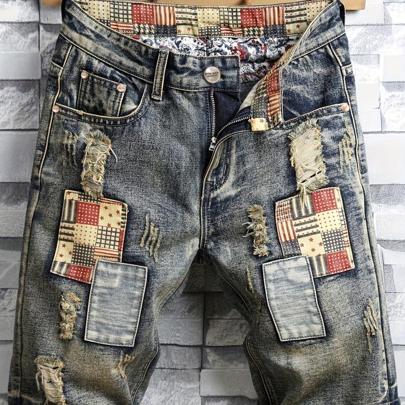 Men's Ripped Denim Shorts Colorblock Jeans