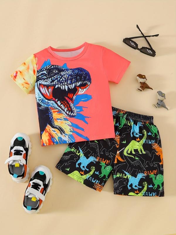 Boys Dinosaur Outfit Round Neck T-shirt & Shorts For Summer Kids Clothes