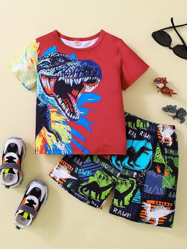 Boys Dinosaur Outfit Round Neck T-shirt & Shorts For Summer Kids Clothes