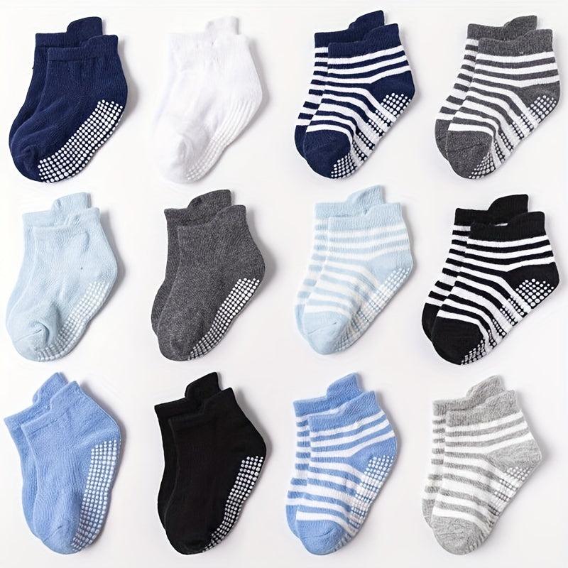 12pairs Boys Non Slip Socks With Grippers Cotton Comfort Ankle Style