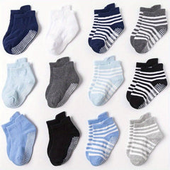 12pairs Boys Non Slip Socks With Grippers Cotton Comfort Ankle Style