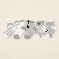 5pairs Baby Boys Socks Cartoon Panda Animal Grey Mesh Cotton Crew Socks