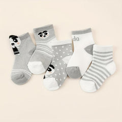 5pairs Baby Boys Socks Cartoon Panda Animal Grey Mesh Cotton Crew Socks