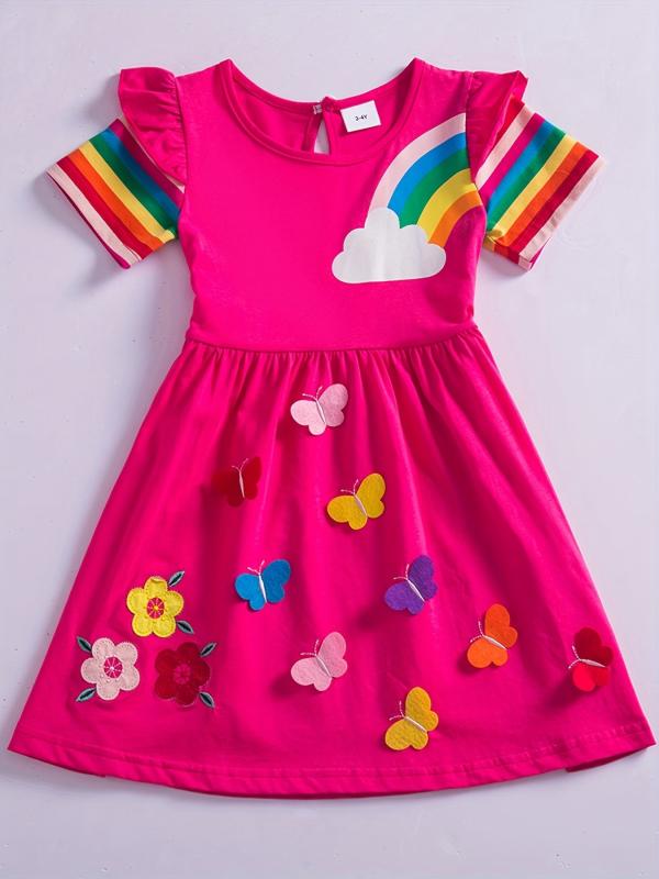 Girls Unicorn Rainbow Ruffled Cotton Dress