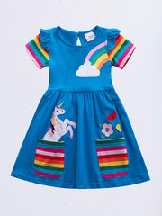 Girls Unicorn Rainbow Ruffled Cotton Dress