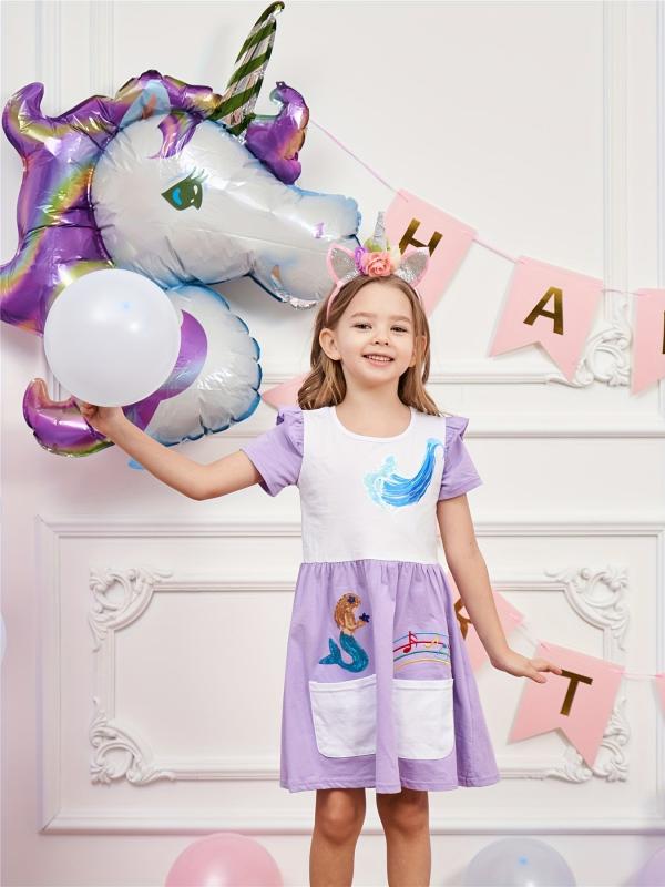 Girls Unicorn Rainbow Ruffled Cotton Dress