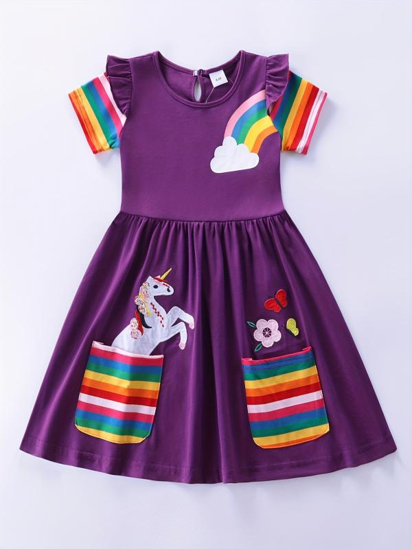 Girls Unicorn Rainbow Ruffled Cotton Dress