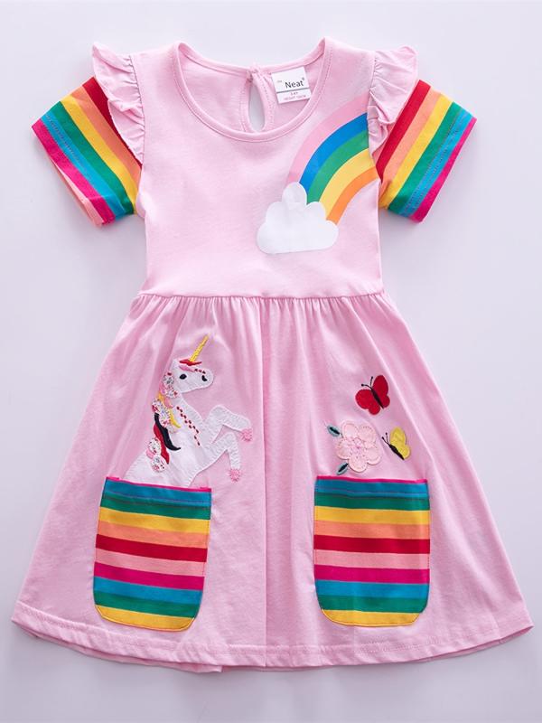 Girls Unicorn Rainbow Ruffled Cotton Dress