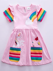 Girls Unicorn Rainbow Ruffled Cotton Dress