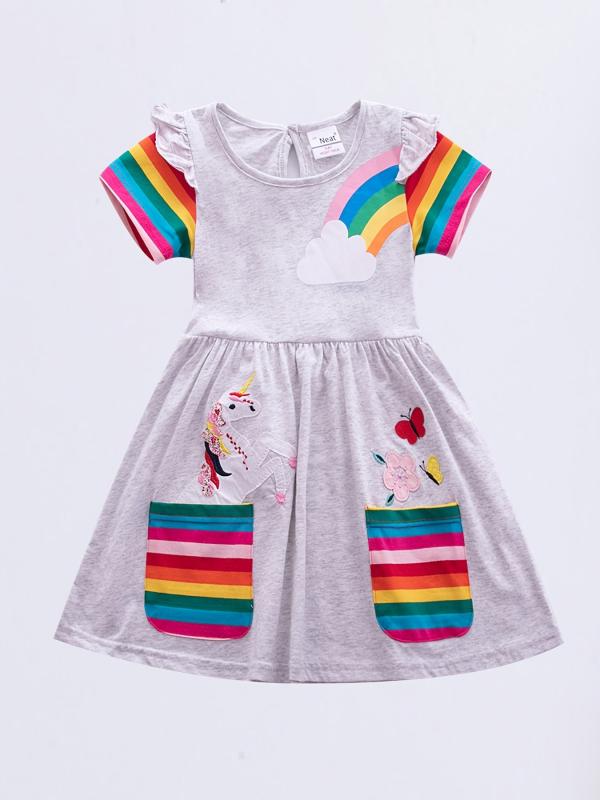 Girls Unicorn Rainbow Ruffled Cotton Dress
