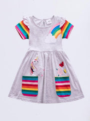 Girls Unicorn Rainbow Ruffled Cotton Dress