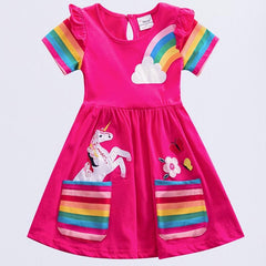 Girls Unicorn Rainbow Ruffled Cotton Dress