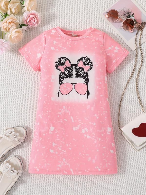 Toddler Girls Bow Figure Pattern Crew Neck T shirt Dress
