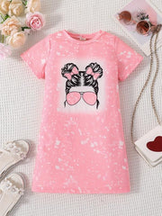Toddler Girls Bow Figure Pattern Crew Neck T shirt Dress