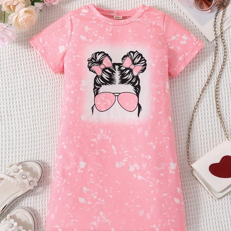 Toddler Girls Bow Figure Pattern Crew Neck T shirt Dress