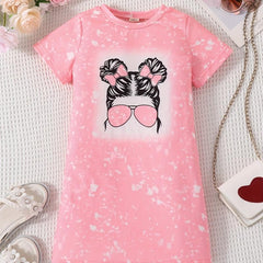 Toddler Girls Bow Figure Pattern Crew Neck T shirt Dress