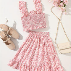 Girls Ditsy Floral Print Cami Top & Ruffle Skirt Set
