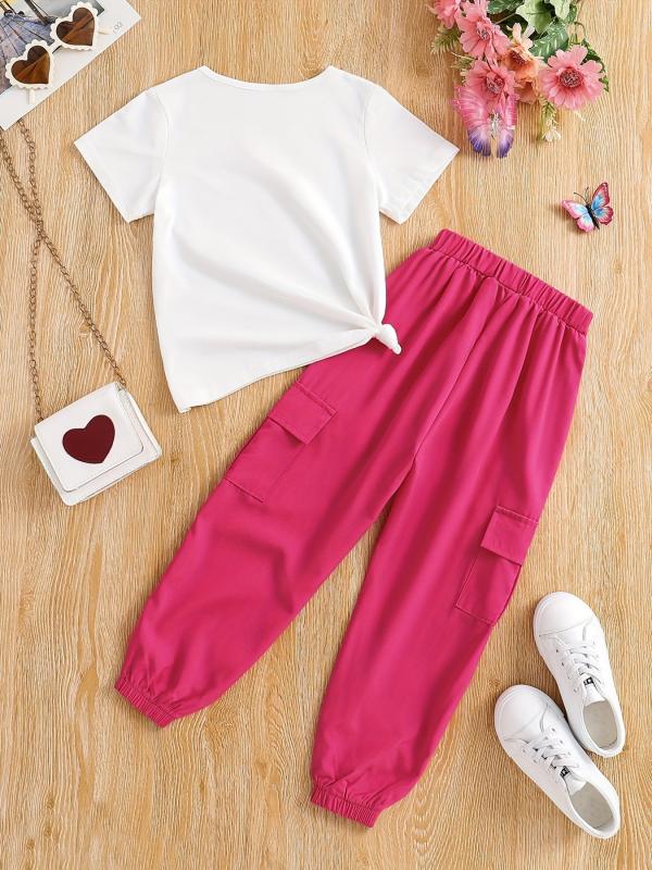 2pcs Toddler Girls Flowers & Butterfly Graphic T Shirts & Cargo Pants Set