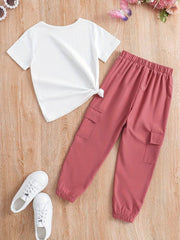 2pcs Toddler Girls Flowers & Butterfly Graphic T Shirts & Cargo Pants Set