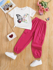 2pcs Toddler Girls Flowers & Butterfly Graphic T Shirts & Cargo Pants Set