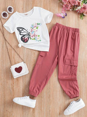 2pcs Toddler Girls Flowers & Butterfly Graphic T Shirts & Cargo Pants Set