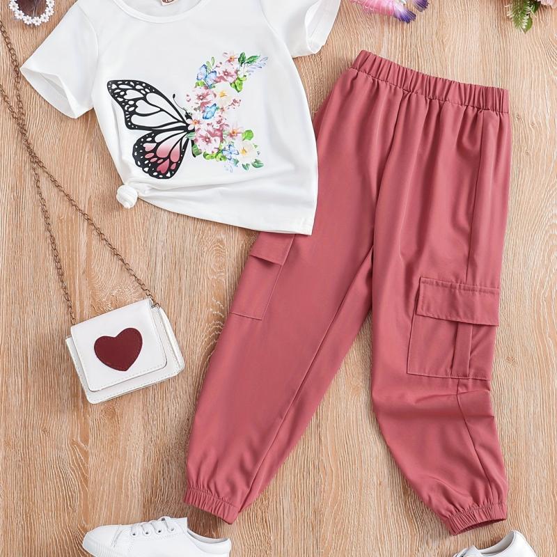 2pcs Toddler Girls Flowers & Butterfly Graphic T Shirts & Cargo Pants Set