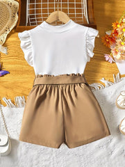 Girls 2 Piece Summer Outfit Ruffle Sleeve Top And Belted Waist Shorts Set